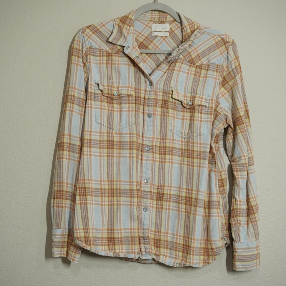 J. Crew Women's 12 Pastel Plaid Western Shirt Slim Fit Snap Front Cotton Flannel